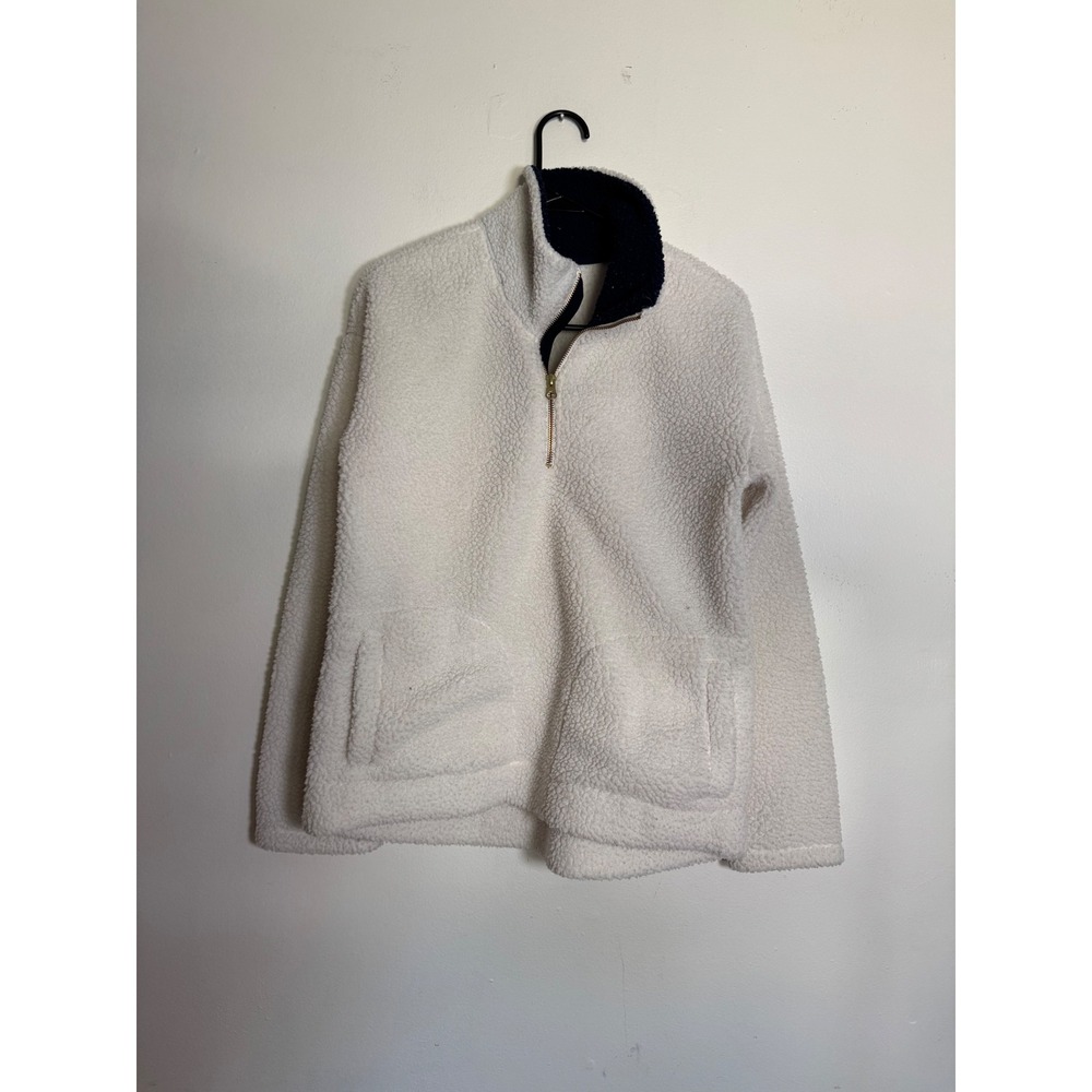 Old Navy Womens Sherpa‎ Fleece Quarter Zip Pullover Cream Navy Blue Small